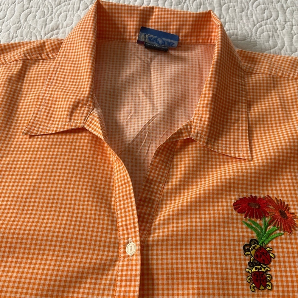 Las Olas Orange and White Gingham Button Down Shirt Cottagecore Cabincore Retro - Picture 7 of 14
